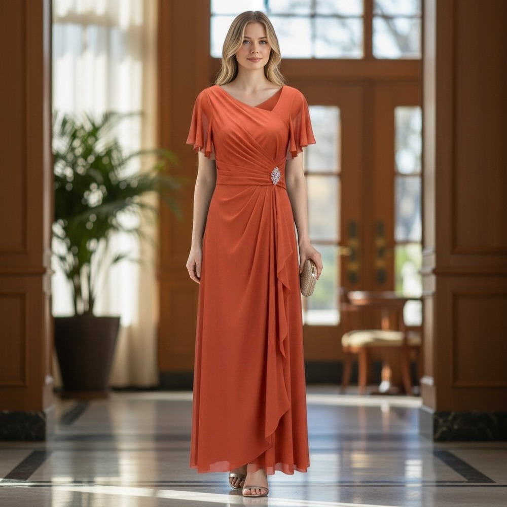 Elegant Terracotta Formal Dress Rhinestone Detail Evening Gown Sz 18W /#8195
